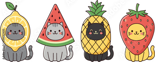 Cute kawaii cat vector set with adorable kittens dressed as lemon, watermelon, pineapple, and strawberry for kids illustrations, stickers, and fun designs