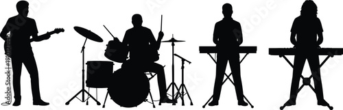 Rock band silhouettes set, guitarist drummer keyboard players music performance illustration isolated on white background black vector design collection