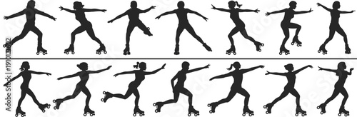 Roller skating silhouettes collection, female skater motion sequence illustration isolated on white background dynamic sport vector design set