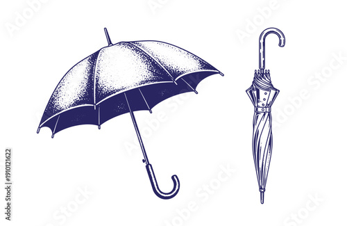 Grunge texture Two vintage style umbrellas one open and one closed with curved handles and classic canopies for rain protection  outdoor accessories Vintage Style