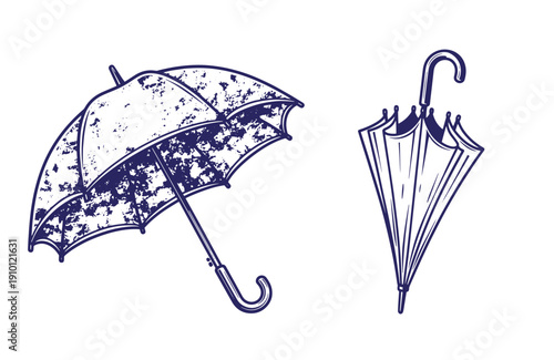 Grunge texture Two vintage style umbrellas in blue lines on white background for protection from rain and sun Vintage Style