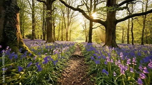Forest path winding through a vibrant bluebell wood with sunbeams
