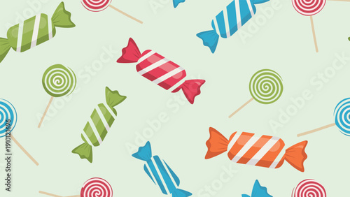 Sweet candy pattern showcasing striped lollipops and wrapped candies in blue green and red colors on a light pastel green background.