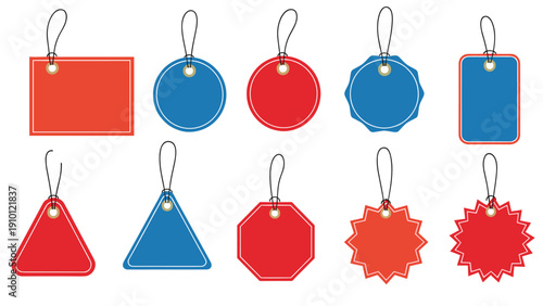 Collection of various blank red and blue price tags and gift labels in different shapes with string attachments for retail or gifting.