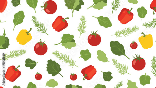Fresh vegetable pattern featuring red tomatoes yellow peppers green leaves and rosemary sprigs scattered over a clean white background.