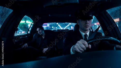 Chauffeur driving luxury limousine with passenger in the back seat, who wakes up and talks
