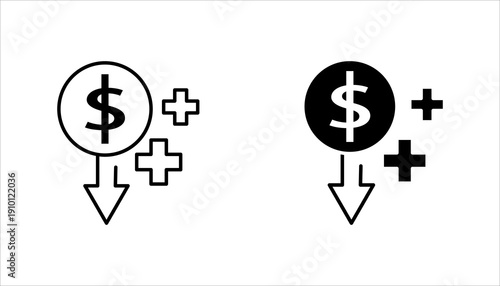 PrintOutline icon featuring dollar symbol with plus sign and downward arrow representing deposit and withdrawal financial transaction.