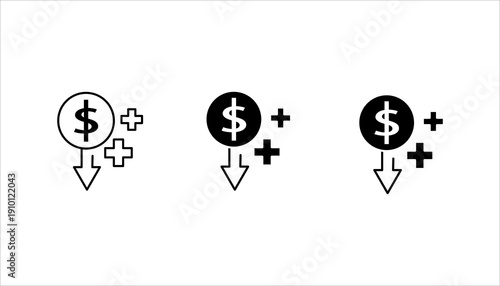 PrintOutline icon featuring dollar symbol with plus sign and downward arrow representing deposit and withdrawal financial transaction.