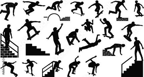 Skateboarder silhouettes collection, extreme skateboarding tricks set, black street sport action illustration isolated on white background dynamic vector design