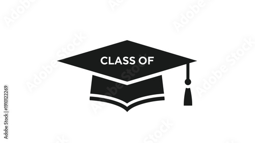 Simple black graduation mortarboard cap icon with the text class of written in the center on a plain white background for students.