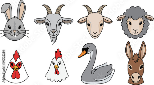 Farm animal head vector set with rabbit, goat, sheep, chicken, swan, and donkey illustrations isolated on white background for educational designs