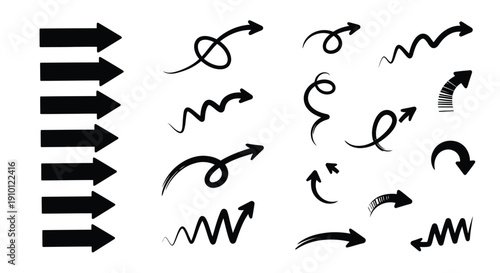 Collection of various black hand drawn and solid arrow icons pointing in different directions