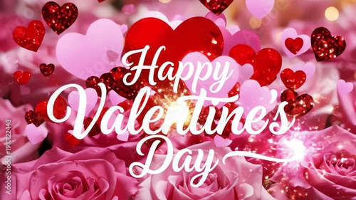 Romantic Valentines Day Greeting with Sparkling Hearts, Elegant Pink Roses and Festive Love Celebration happy valentines day