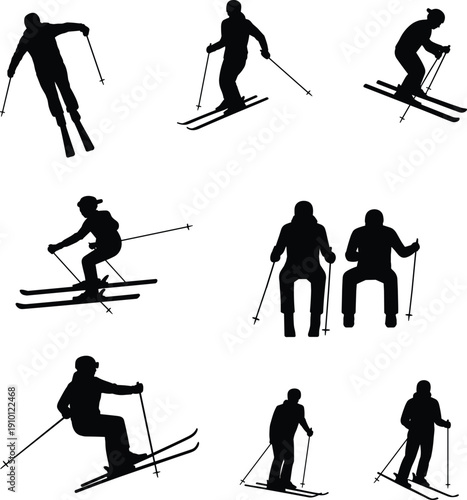 Skiing sport silhouette collection, skiers action poses set, winter sports activity figures, isolated black vector illustration, outdoor adventure recreation design element pack