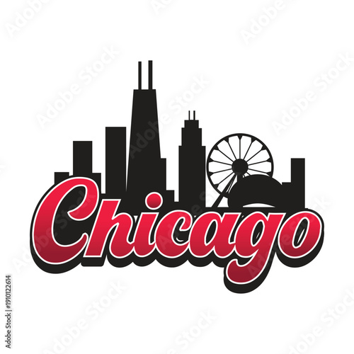 Chicago Skyline Typography with Red Script Lettering Vector Illustration