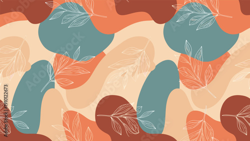 Contemporary seamless pattern with abstract fluid shapes in earthy tones and white leaf outlines for a sophisticated textile design.