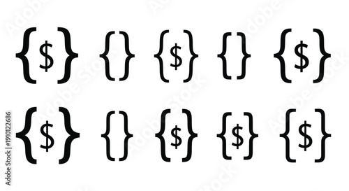 Pattern featuring various arrangements of dollar signs enclosed within black curly brackets symbols