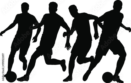 Soccer players running silhouettes collection, football athletes in action poses with ball, sport activity illustration isolated on white background for design use
