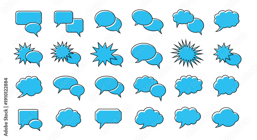 Fototapeta premium Collection of various bright blue comic style speech bubbles and callout shapes for dialogue