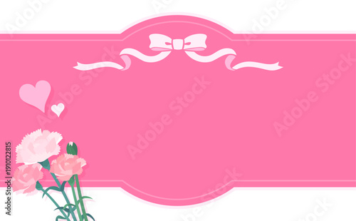 母の日のカーネーションとリボンフレーム3_ピンク文字・背景なし_横