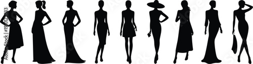 Stylish women fashion silhouette set featuring elegant female models in modern dresses walking poses isolated black vector illustration for fashion design use