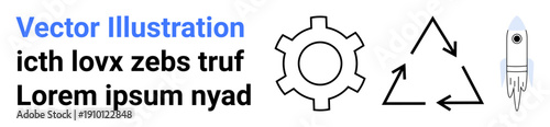 Gear, recycling triangle, and rocket signify concepts of creativity, sustainability, eco-friendliness, and advancement. Ideal for technology, environment, innovation startup education design
