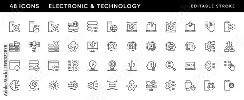 Technology icon collection. Information technology, automation, machine learning, data center, satellite and more. Editable stroke. Pixel Perfect. Grid base 32 x 32.