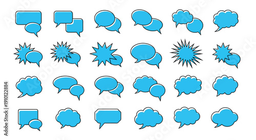 Collection of various bright blue comic style speech bubbles and callout shapes for dialogue