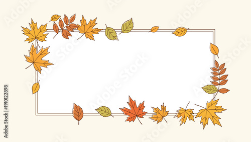 Decorative autumn frame composed of various colorful maple and oak leaves in shades of orange yellow and green on a white background.