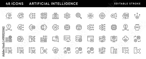 Artificial intelligence icon collection. Algorithms, automation, programming, automated system, innovation and more. Editable stroke. Pixel Perfect. Grid base 32 x 32.