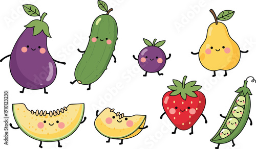 Cute cartoon fruit and vegetable character vector set with smiling eggplant, cucumber, pear, strawberry, melon, and peas for kids designs