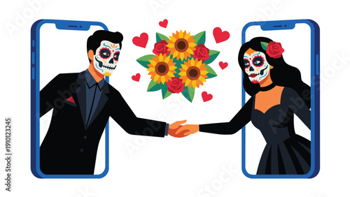 Online dating concept with couple in Day of the Dead sugar skull makeup connecting via smartphones