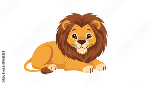 Charming vector illustration of a young lion with a fluffy brown mane resting comfortably on the ground against a white background.