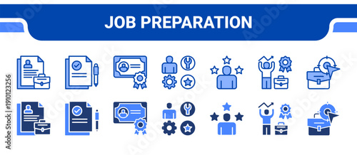 Job Preparation Icon Collection,  featuring CV, Resume, Qualification, Skills, Experience, Motivation, Job target.