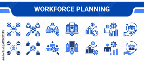 Workforce Planning Icon Collection,  featuring Job oppurtunities, Hiring, Recruiment, Company, Economic growth, Development, Responsibility.