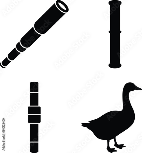 Telescope and monocular silhouettes with duck, optical equipment illustration set, black viewing instruments isolated on white background vector collection