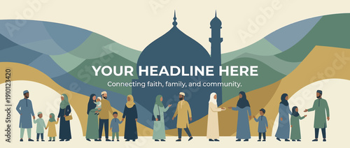 Digital Illustration of Diverse Group Celebrating Faith, Family, and Community with Stylized Mosque