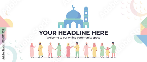 Diverse Community Group Standing in Mosque Graphic Template with Inclusive Headline and Abstract Background