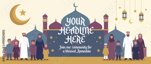 Vibrant Ramadan Celebration Illustration with Mosque, Crescent Moon, and Gathering of Faithful People