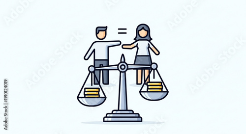 Man and woman on equal scales with money symbolizing fair pay and equality in the workplace