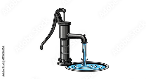 Old fashioned water pump with flowing blue water creating ripples in a puddle on the ground