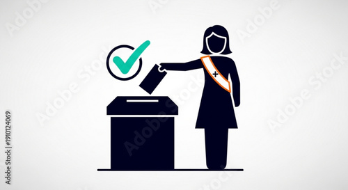 Woman casting ballot into box with green checkmark symbolizing voting democracy and civic duty in a simple graphic illustration