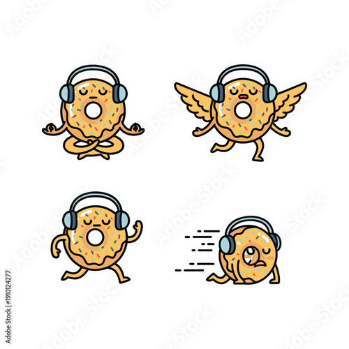 Cartoon cookie characters with headphones in different yoga poses and emotions on white background
