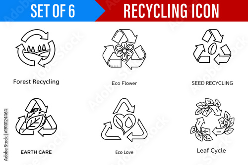 A Clean Line Art Set of Recycling Icons with Nature Themes for Eco-Friendly Projects and Sustainable Design
