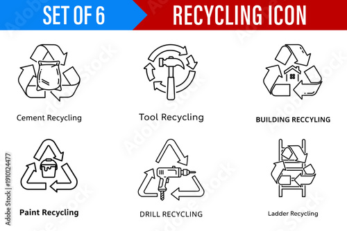 A collection of six minimalist and informational recycling icons for construction waste management and building material disposal awareness