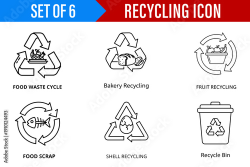 A complete informational set of six food waste recycling icons presented in a clean line art style for environmental education