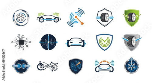 Collection of futuristic automotive technology icons and symbols.