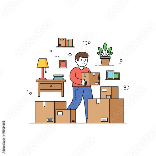 Man Packing Cardboard Boxes for Moving House, Home Relocation and Storage Concept