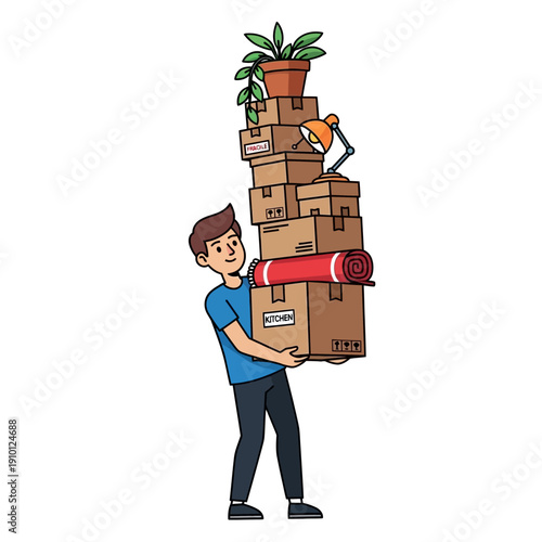 Man Carrying Stack of Moving Boxes with Household Items and Rolled Rug