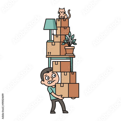 Man struggling to carry stack of moving boxes with cat on top